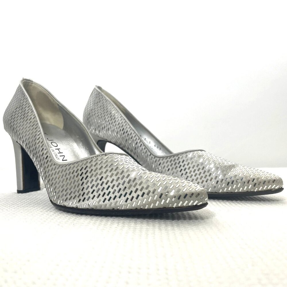 St John Stephanie Silver Satin Paillettes Heels Pumps